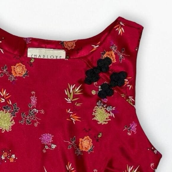 Vintage 90s Charlotte Russe Red Satin Floral Top Mandarin Collar - Picture 5 of 7